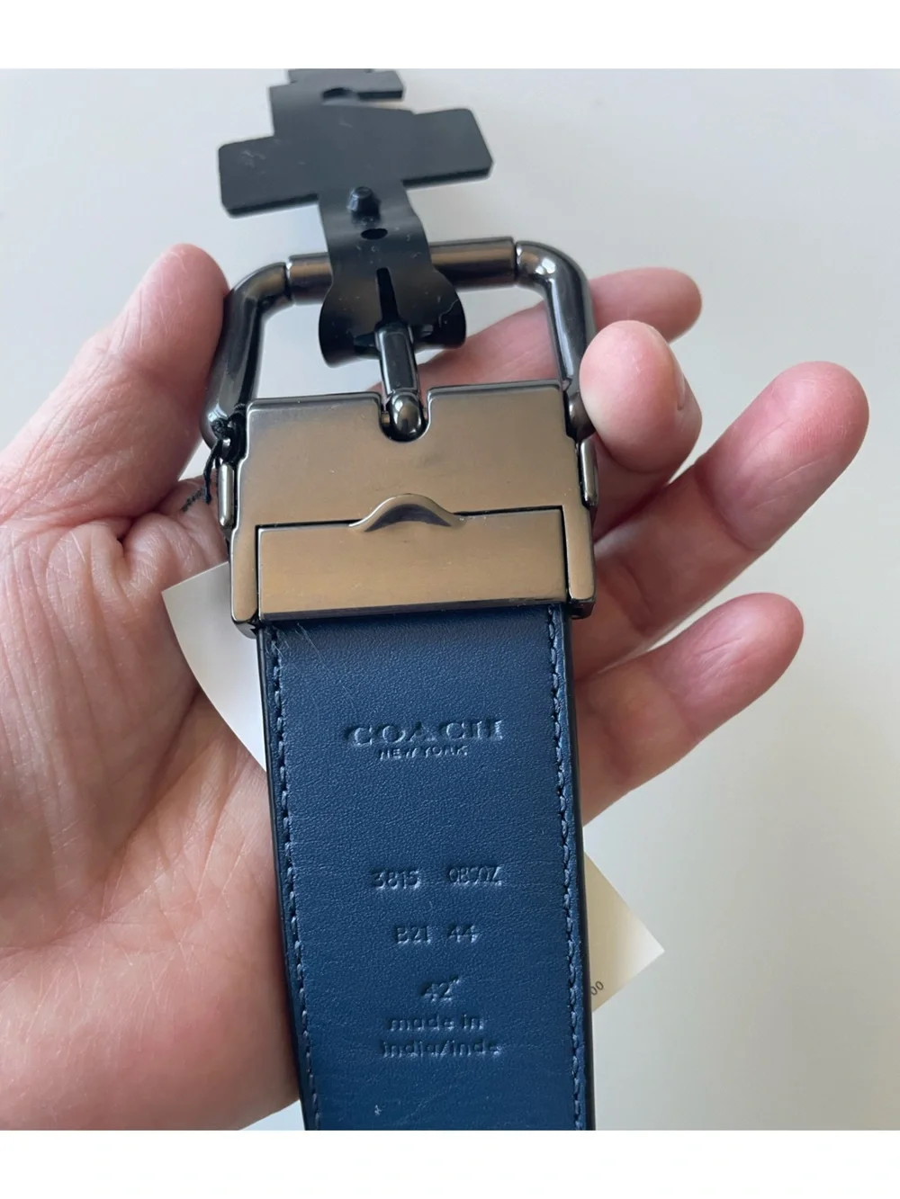 NWT Coach Men’s Belt Width 38mm Front Black Logo Gray , Back Blue Leather